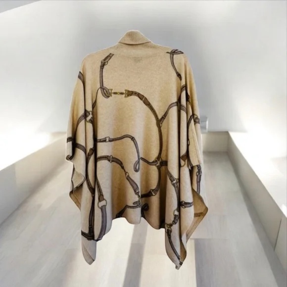 J. McLaughlin Beige Equestrian Chain Print Cashmere Turtleneck Poncho Sweater - Picture 5 of 8